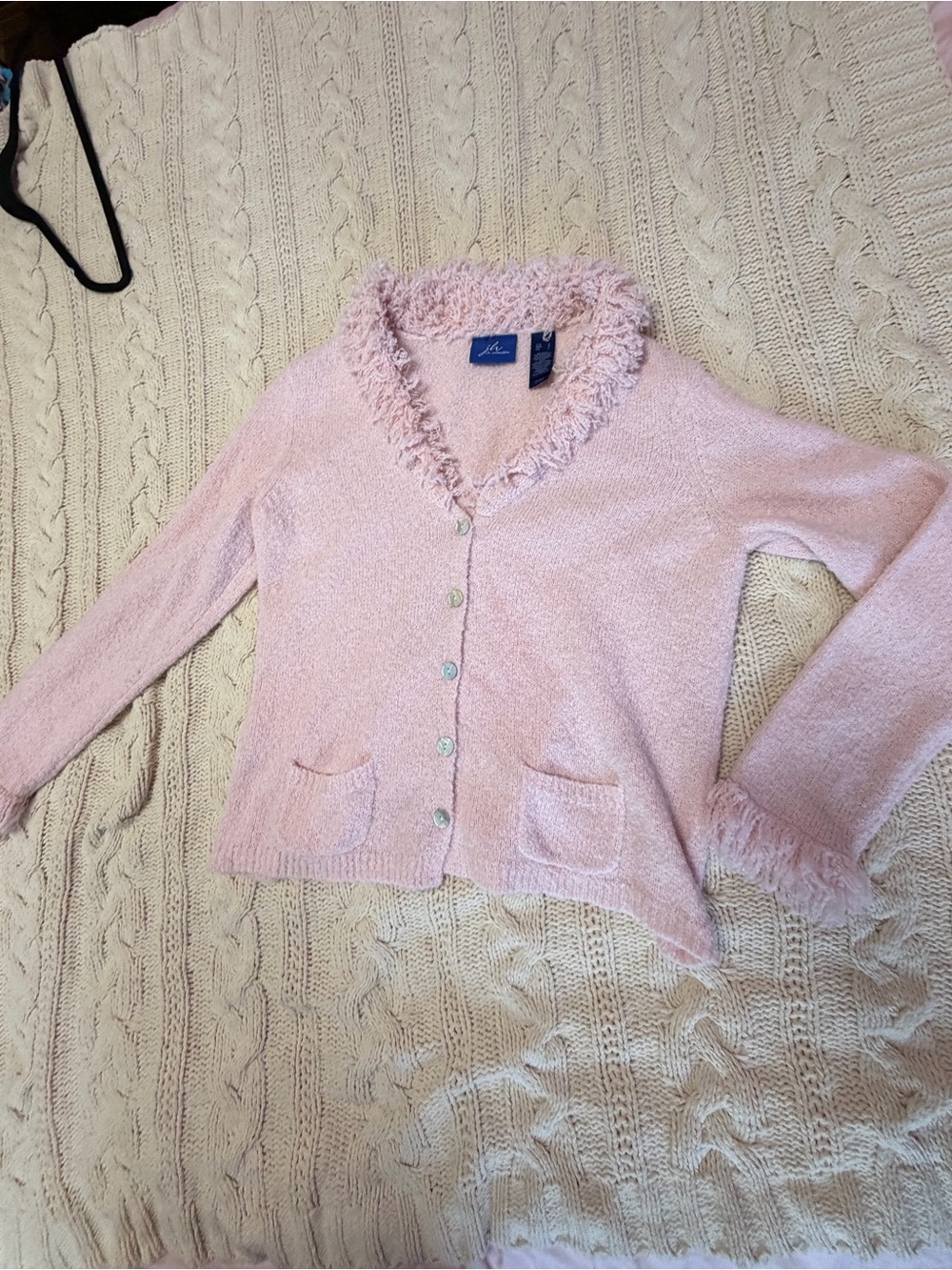 JH Collectibles fuzzy fringe Eyelash-Trim Button Cardigan y2k baby pink sweater
